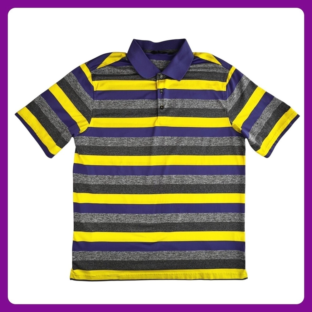 Walter Hagen Polo Shirt Men Large Yellow Purple Gray Striped Performance Golf